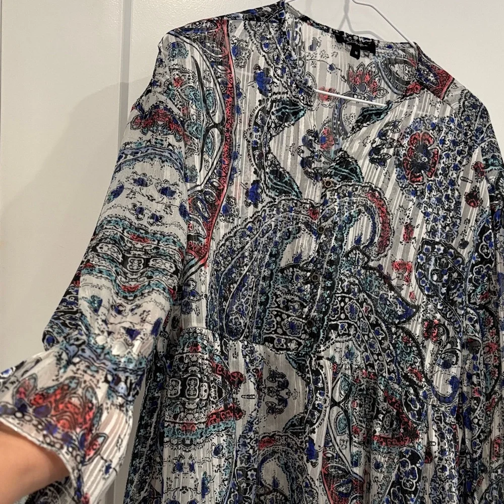 Paisley Print Long-Sleeve Peasant Button Down Top - White/Blue NWOT - Picture 7 of 9